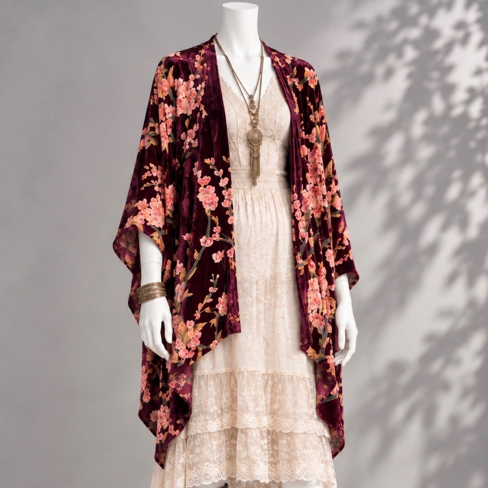 Lane Bryant Whimsigoth Velvet Burnout Kimono OS Burgundy Floral Sheer Boho